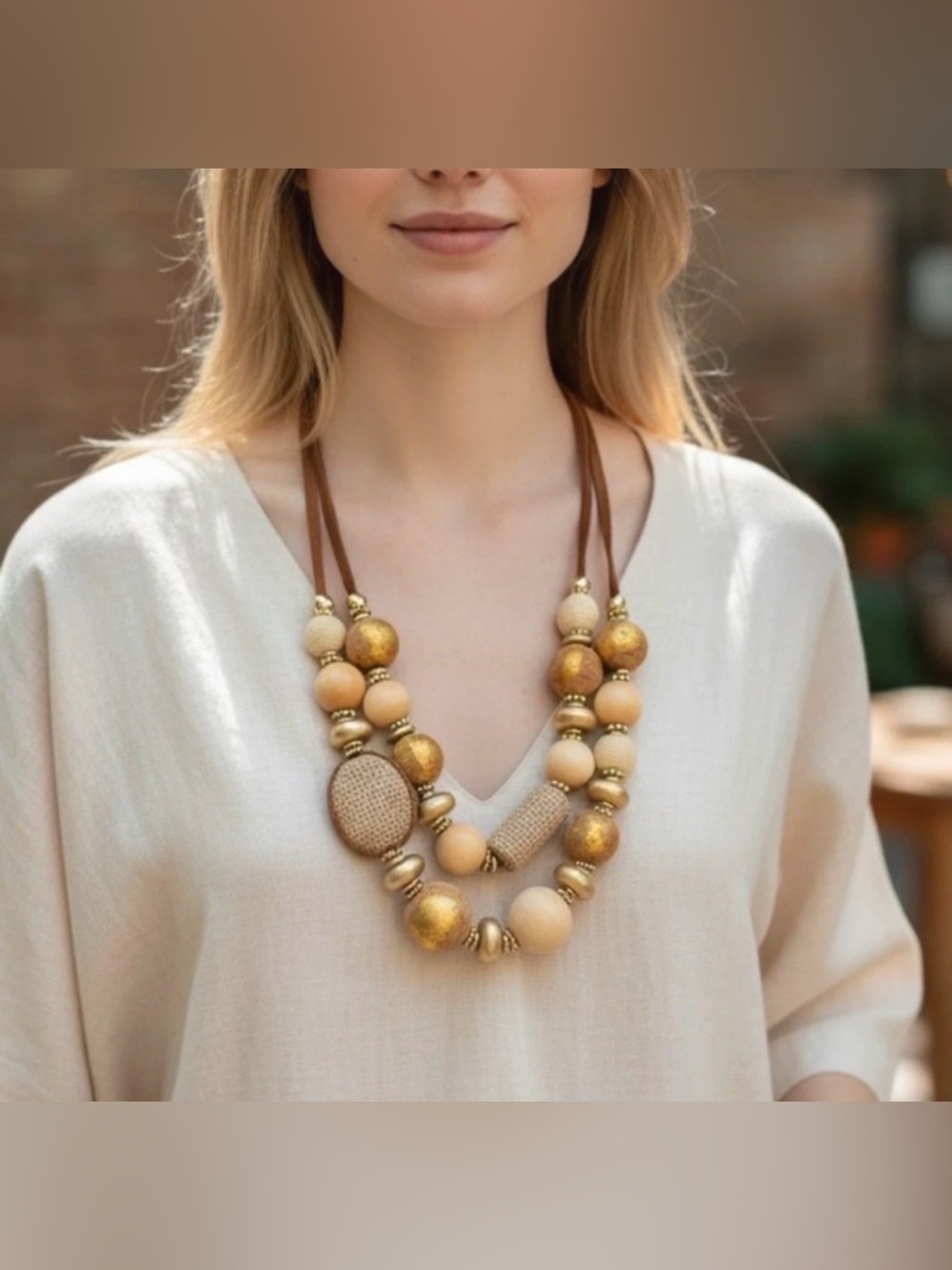 Chico's Gold and Beige Layered Beaded Necklace